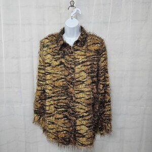Vintage CDW Brown Tiger Stripe Blouse Eyelash Mobwife Sheer Retro XL